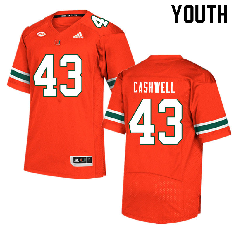 Youth #43 Isaiah Cashwell Miami Hurricanes College Football Jerseys Sale-Orange - Click Image to Close